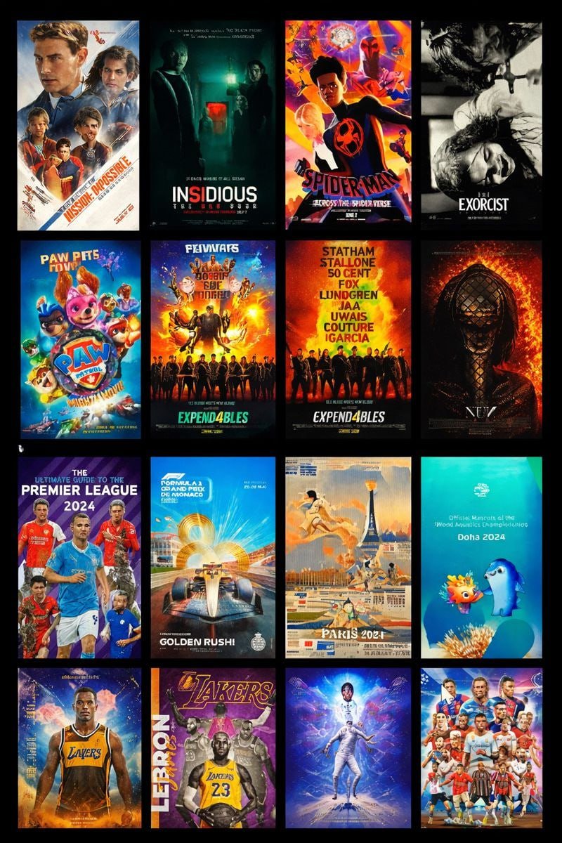 Collection of popular movies, series, sports and entertainment posters displayed in a grid